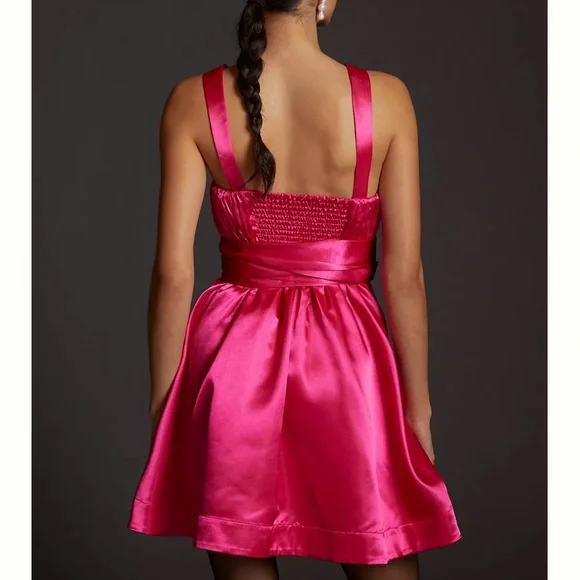 Maeve Bow-Tie Satin Mini Dress Elegant Pink 4‎ - Picture 2 of 5
